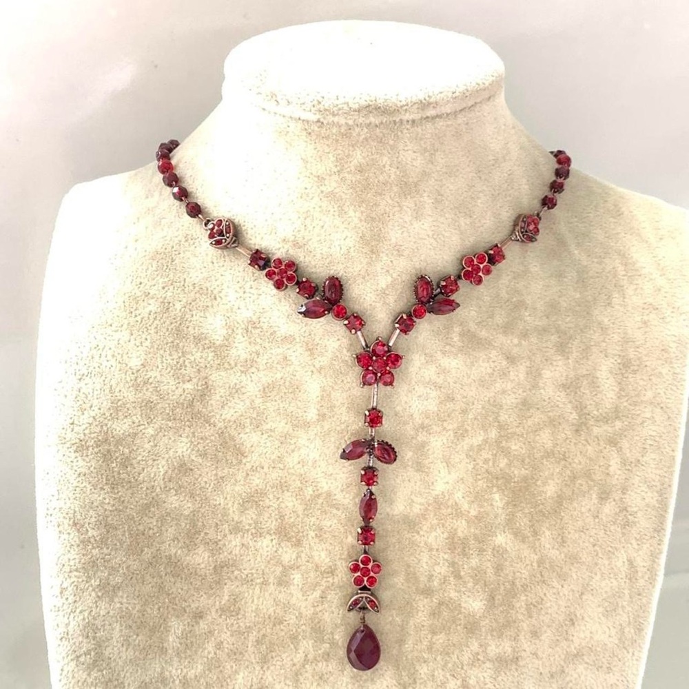 Fairy goth Red floral beaded necklace y drop red beaded